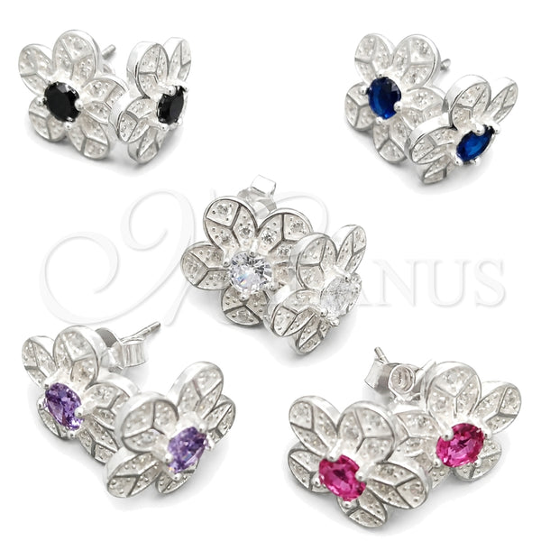 Sterling Silver Stud Earring, Flower Design, with White Cubic Zirconia, Polished, Silver Finish, 02.398.0009