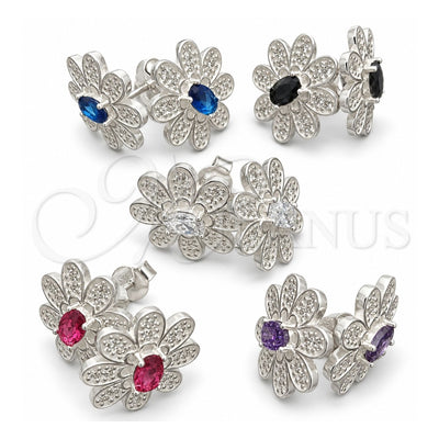 Sterling Silver Stud Earring, Flower Design, with White Cubic Zirconia, Polished, Silver Finish, 02.398.0010