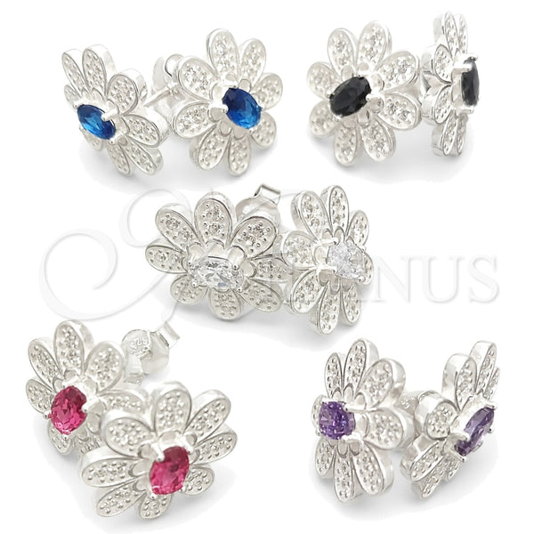 Sterling Silver Stud Earring, Flower Design, with White Cubic Zirconia, Polished, Silver Finish, 02.398.0010