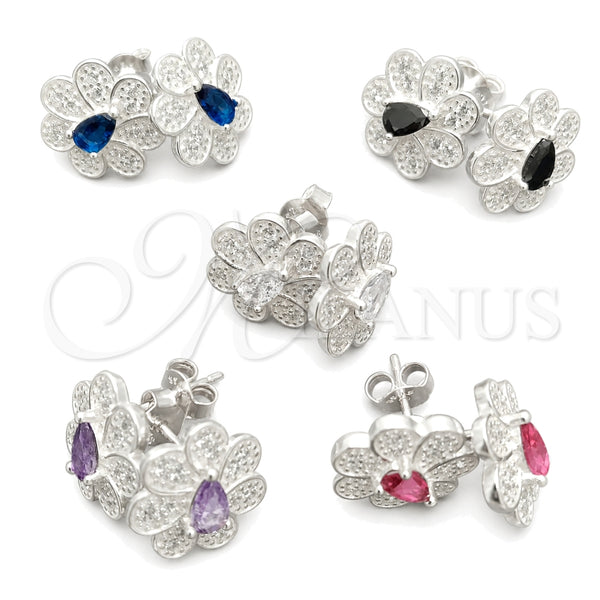 Sterling Silver Stud Earring, Flower Design, with White Cubic Zirconia, Polished, Silver Finish, 02.398.0011
