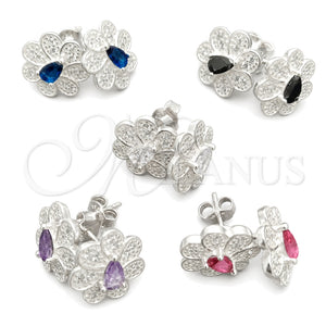 Sterling Silver Stud Earring, Flower Design, with White Cubic Zirconia, Polished, Silver Finish, 02.398.0011