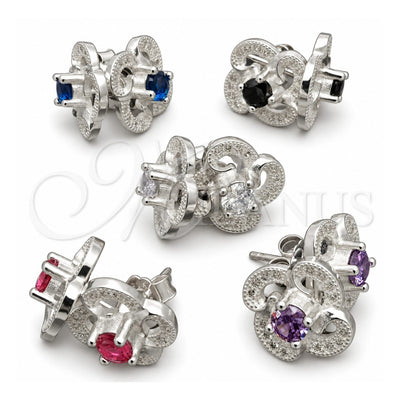 Sterling Silver Stud Earring, Flower Design, with White Cubic Zirconia, Polished, Silver Finish, 02.398.0012