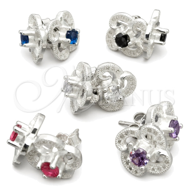 Sterling Silver Stud Earring, Flower Design, with White Cubic Zirconia, Polished, Silver Finish, 02.398.0012