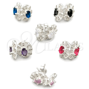 Sterling Silver Stud Earring, Flower Design, with White Cubic Zirconia, Polished, Silver Finish, 02.398.0013