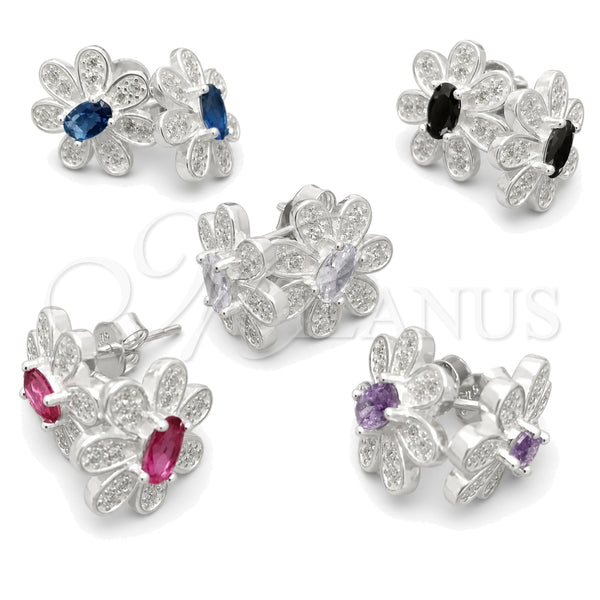 Sterling Silver Stud Earring, Flower Design, with White Cubic Zirconia, Polished, Silver Finish, 02.398.0014