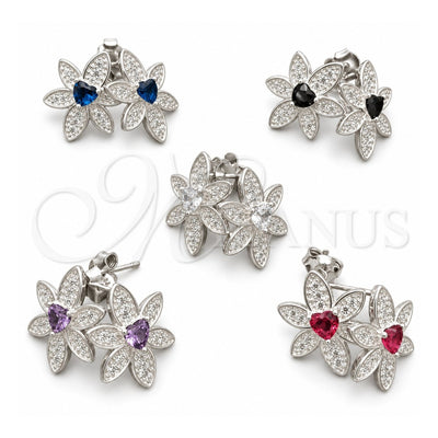 Sterling Silver Stud Earring, Flower Design, with White Cubic Zirconia, Polished, Silver Finish, 02.398.0015
