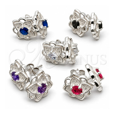 Sterling Silver Stud Earring, Flower Design, with White Cubic Zirconia, Polished, Silver Finish, 02.398.0016