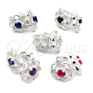 Sterling Silver Stud Earring, Flower Design, with White Cubic Zirconia, Polished, Silver Finish, 02.398.0016