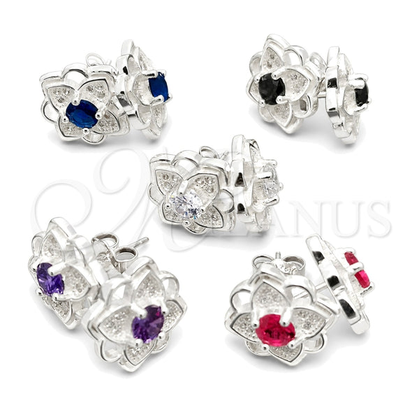 Sterling Silver Stud Earring, Flower Design, with White Cubic Zirconia, Polished, Silver Finish, 02.398.0016