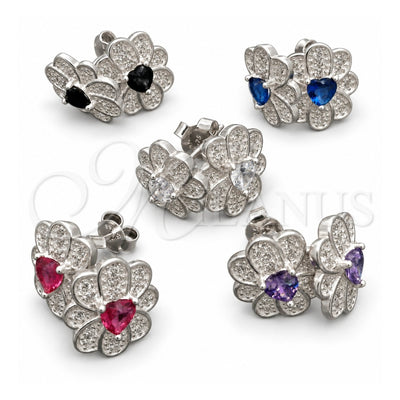 Sterling Silver Stud Earring, Flower Design, with White Cubic Zirconia, Polished, Silver Finish, 02.398.0018