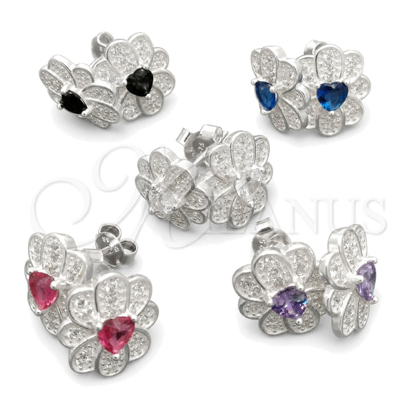 Sterling Silver Stud Earring, Flower Design, with White Cubic Zirconia, Polished, Silver Finish, 02.398.0018