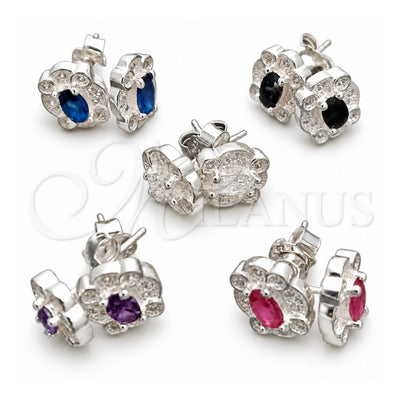 Sterling Silver Stud Earring, Flower Design, with White Cubic Zirconia, Polished, Silver Finish, 02.398.0019