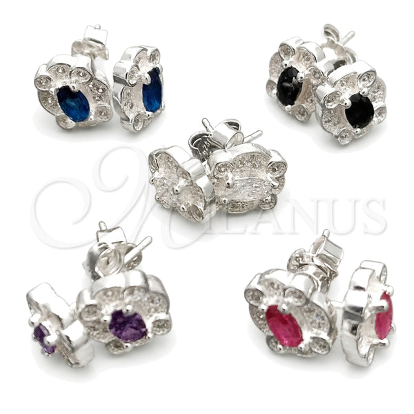Sterling Silver Stud Earring, Flower Design, with White Cubic Zirconia, Polished, Silver Finish, 02.398.0019
