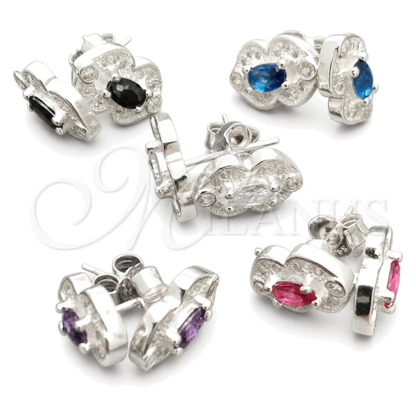 Sterling Silver Stud Earring, Flower Design, with White Cubic Zirconia, Polished, Silver Finish, 02.398.0020
