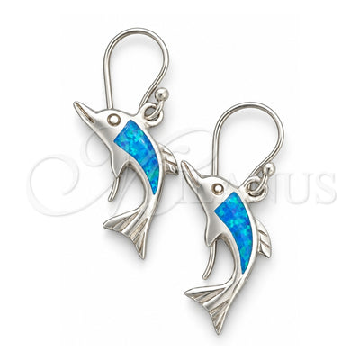 Sterling Silver Dangle Earring, Dolphin Design, with Bermuda Blue Opal, Polished, Silver Finish, 02.391.0007