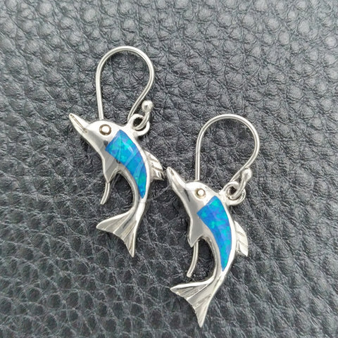 Sterling Silver Dangle Earring, Dolphin Design, with Bermuda Blue Opal, Polished, Silver Finish, 02.391.0007