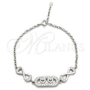 Sterling Silver Fancy Bracelet, Heart Design, with White Cubic Zirconia, Polished, Silver Finish, 03.398.0002.07 (02 MM Thickness, 7 Inches Length)