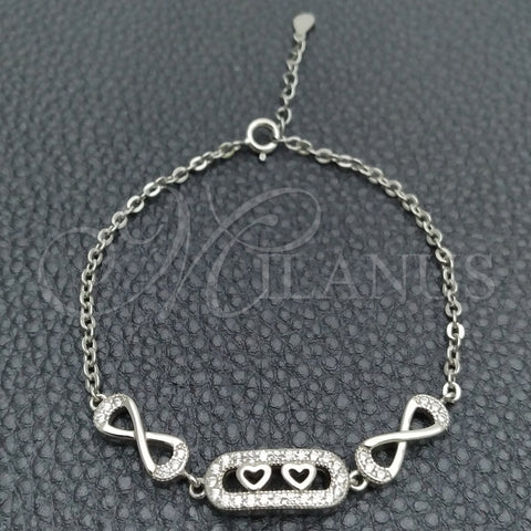 Sterling Silver Fancy Bracelet, Heart Design, with White Cubic Zirconia, Polished, Silver Finish, 03.398.0002.07 (02 MM Thickness, 7 Inches Length)