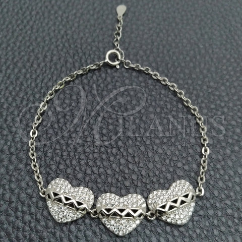 Sterling Silver Fancy Bracelet, Heart Design, with White Cubic Zirconia, Polished, Silver Finish, 03.398.0004.07 (02 MM Thickness, 7 Inches Length)