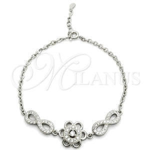 Sterling Silver Fancy Bracelet, Flower Design, with White Cubic Zirconia, Polished, Silver Finish, 03.398.0006.07 (02 MM Thickness, 7 Inches Length)