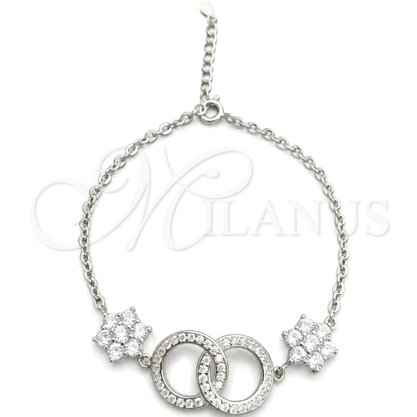 Sterling Silver Fancy Bracelet, Ball and Flower Design, with White Cubic Zirconia, Polished, Silver Finish, 03.398.0007.07 (02 MM Thickness, 7 Inches Length)