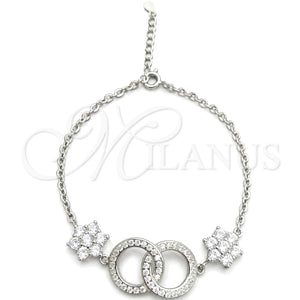 Sterling Silver Fancy Bracelet, Ball and Flower Design, with White Cubic Zirconia, Polished, Silver Finish, 03.398.0007.07 (02 MM Thickness, 7 Inches Length)