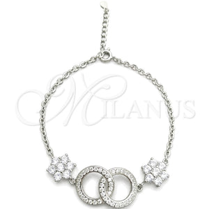 Sterling Silver Fancy Bracelet, Ball and Flower Design, with White Cubic Zirconia, Polished, Silver Finish, 03.398.0007.07 (02 MM Thickness, 7 Inches Length)