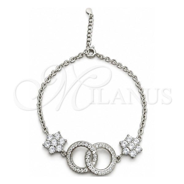 Sterling Silver Fancy Bracelet, Ball and Flower Design, with White Cubic Zirconia, Polished, Silver Finish, 03.398.0007.07 (02 MM Thickness, 7 Inches Length)