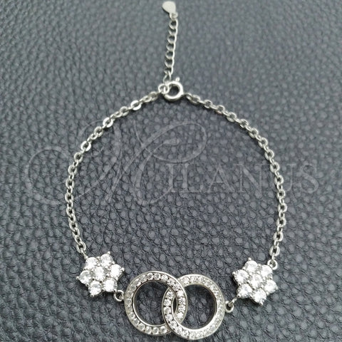 Sterling Silver Fancy Bracelet, Ball and Flower Design, with White Cubic Zirconia, Polished, Silver Finish, 03.398.0007.07 (02 MM Thickness, 7 Inches Length)
