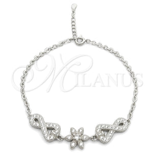 Sterling Silver Fancy Bracelet, Flower Design, with White Cubic Zirconia, Polished, Silver Finish, 03.398.0008.07 (02 MM Thickness, 7 Inches Length)