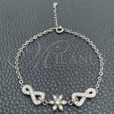 Sterling Silver Fancy Bracelet, Flower Design, with White Cubic Zirconia, Polished, Silver Finish, 03.398.0008.07 (02 MM Thickness, 7 Inches Length)