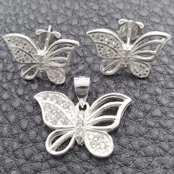Sterling Silver Earring and Pendant Adult Set, Butterfly Design, Polished, Silver Finish, 10.398.0022