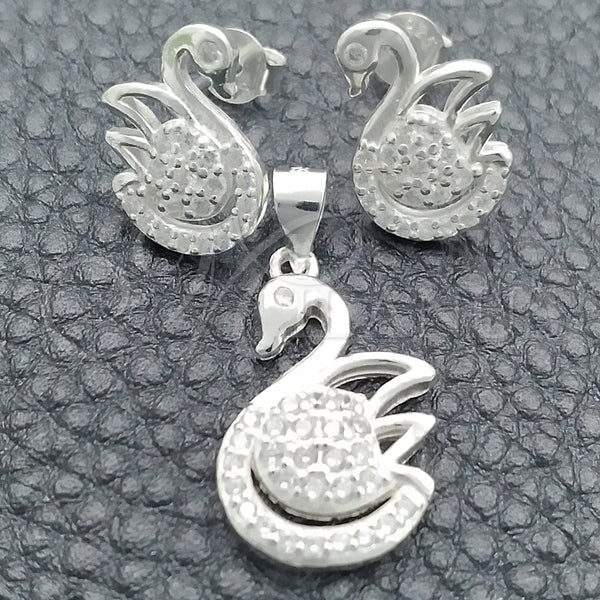 Sterling Silver Earring and Pendant Adult Set, Swan Design, Polished, Silver Finish, 10.398.0027