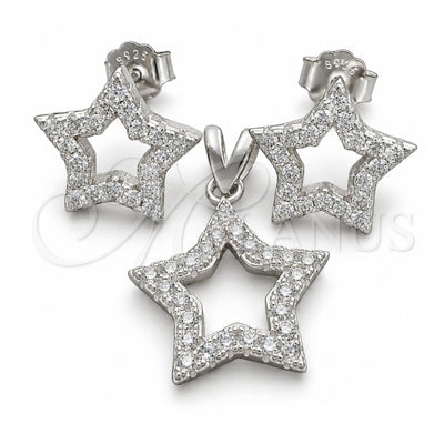Sterling Silver Earring and Pendant Adult Set, Star Design, with White Cubic Zirconia, Polished, Silver Finish, 10.398.0028