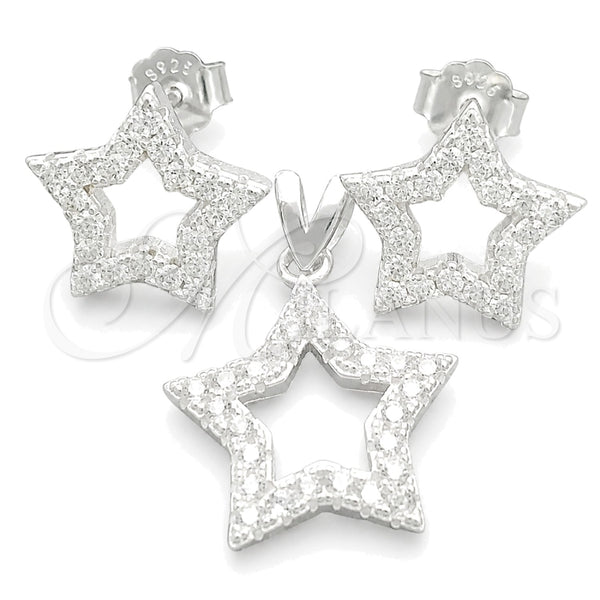 Sterling Silver Earring and Pendant Adult Set, Star Design, with White Cubic Zirconia, Polished, Silver Finish, 10.398.0028