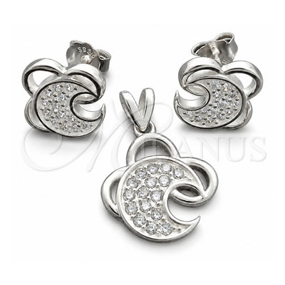 Sterling Silver Earring and Pendant Adult Set, Moon Design, with White Cubic Zirconia, Polished, Silver Finish, 10.398.0030