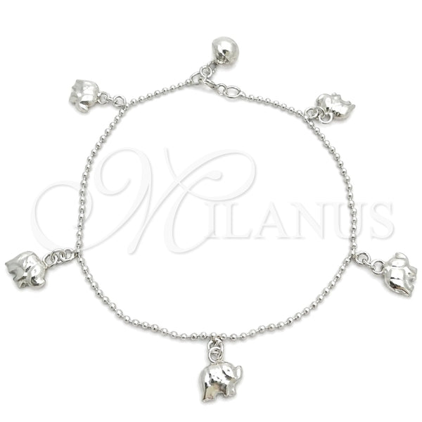 Sterling Silver Fancy Bracelet, Rattle Charm and Elephant Design, Polished, Silver Finish, 03.399.0002.07 (02 MM Thickness, 7 Inches Length)
