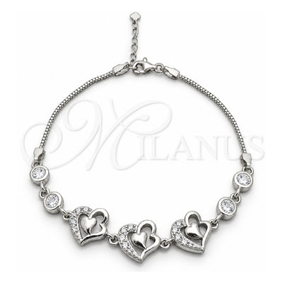 Sterling Silver Fancy Bracelet, Heart Design, with White Cubic Zirconia, Polished, Silver Finish, 03.400.0002.07 (02 MM Thickness, 7 Inches Length)