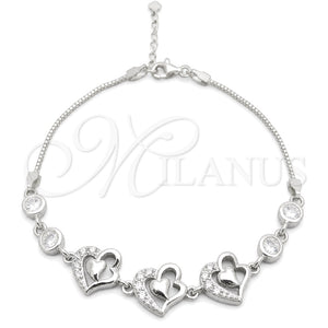 Sterling Silver Fancy Bracelet, Heart Design, with White Cubic Zirconia, Polished, Silver Finish, 03.400.0002.07 (02 MM Thickness, 7 Inches Length)