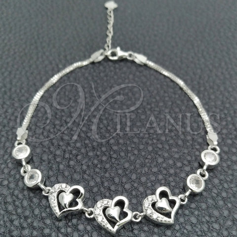 Sterling Silver Fancy Bracelet, Heart Design, with White Cubic Zirconia, Polished, Silver Finish, 03.400.0002.07 (02 MM Thickness, 7 Inches Length)