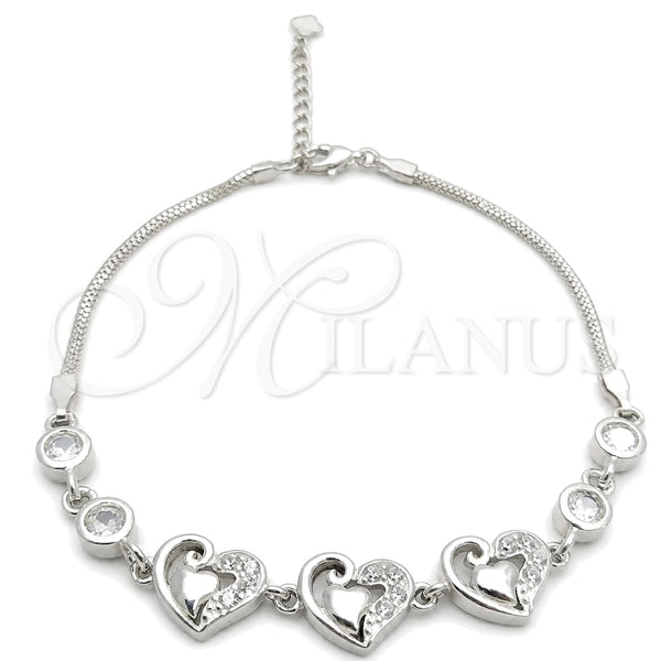 Sterling Silver Fancy Bracelet, Heart Design, with White Cubic Zirconia, Polished, Silver Finish, 03.400.0003.07 (02 MM Thickness, 7 Inches Length)