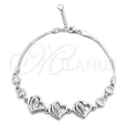 Sterling Silver Fancy Bracelet, Heart Design, with White Cubic Zirconia, Polished, Silver Finish for wholesale, main product view