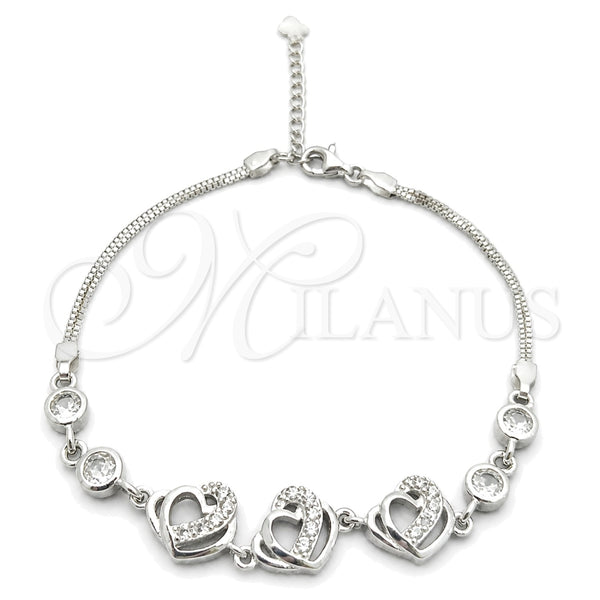 Sterling Silver Fancy Bracelet, Heart Design, with White Cubic Zirconia, Polished, Silver Finish, 03.400.0005.07 (02 MM Thickness, 7 Inches Length)