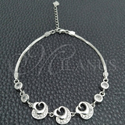 Sterling Silver Fancy Bracelet, Heart Design, with White Cubic Zirconia, Polished, Silver Finish, 03.400.0007.07 (02 MM Thickness, 7 Inches Length)