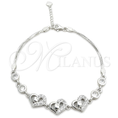 Sterling Silver Fancy Bracelet, Heart Design, with White Cubic Zirconia, Polished, Silver Finish for wholesale, main product view
