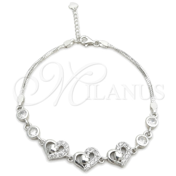 Sterling Silver Fancy Bracelet, Heart Design, with White Cubic Zirconia, Polished, Silver Finish, 03.400.0008.07 (02 MM Thickness, 7 Inches Length)