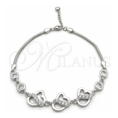 Sterling Silver Fancy Bracelet, Heart Design, with White Cubic Zirconia, Polished, Silver Finish, 03.400.0009.07 (02 MM Thickness, 7 Inches Length)