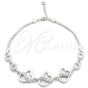 Sterling Silver Fancy Bracelet, Heart Design, with White Cubic Zirconia, Polished, Silver Finish, 03.400.0009.07 (02 MM Thickness, 7 Inches Length)