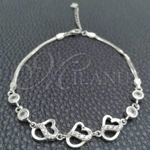 Sterling Silver Fancy Bracelet, Heart Design, with White Cubic Zirconia, Polished, Silver Finish, 03.400.0009.07 (02 MM Thickness, 7 Inches Length)