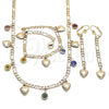 Oro Laminado Necklace, Bracelet and Earring, Gold Filled Style Heart and Evil Eye Design, Multicolor Resin Finish, Golden Finish, 06.213.0011